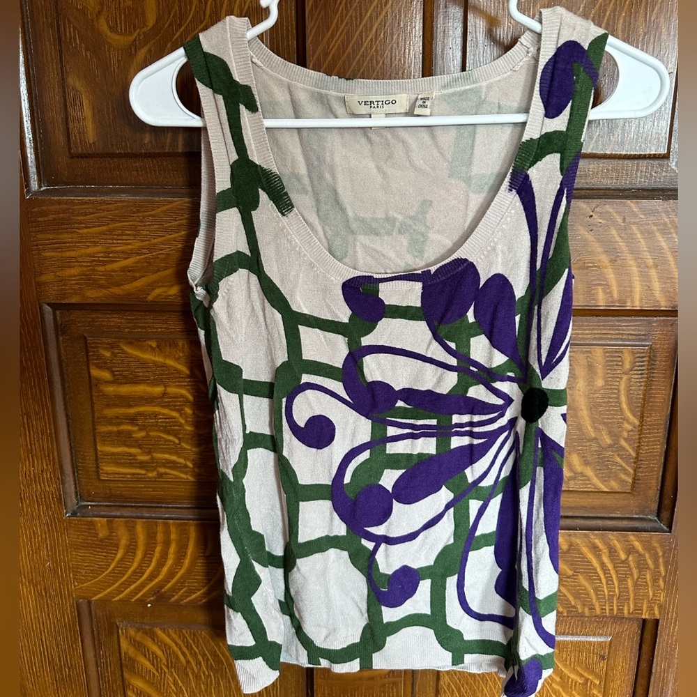 Floral Print Scoop Neck Knit Tank Top — Beige with Green & Purple